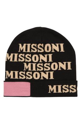 Missoni Logo Wool Blend Beanie in Black Beige