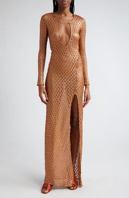 Missoni Metallic Knit Plunge Neck Long Sleeve Cover-Up Maxi Dress in Roasted Pecan