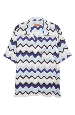 Missoni Short Sleeve Button-Up Camp Shirt in Multi Blue-Grey-White
