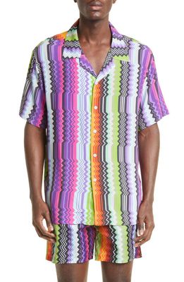 Missoni Short Sleeve Button-Up Camp Shirt in Multicolor Violet-Black-Red