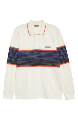 Missoni Space Dye Stripe Embroidered Long Sleeve Cotton Polo in Off White Orange Stripes