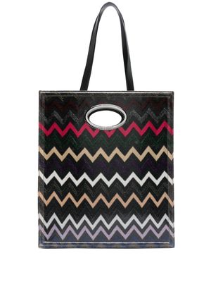 Missoni zigzag-embroidered lamé-effect leather tote bag - Black