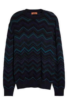 Missoni Zigzag Stripe Cotton Blend Crewneck Sweater in Dark Blue Base/Green