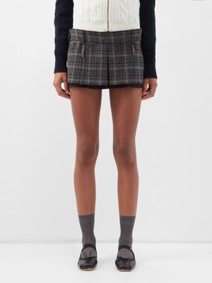 Miu Miu - Belted Check Pleated Virgin-wool Mini Skirt - Womens - Dark Grey