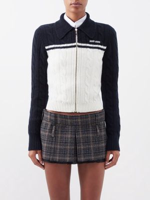 Miu Miu - Cable-knit Wool-blend Zip Cardigan - Womens - Navy White