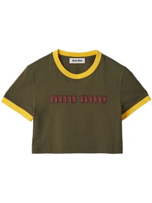 Miu Miu cropped embroidered cotton-jersey T-shirt - Green