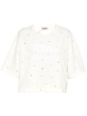 Miu Miu crystal-embellished distressed cropped T-shirt - White