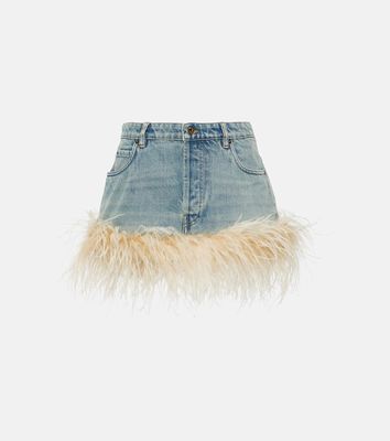 Miu Miu Feather-trimmed denim miniskirt