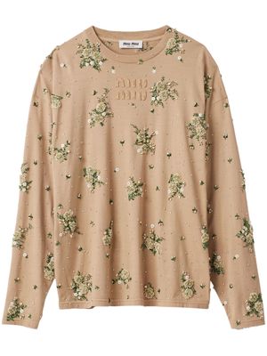 Miu Miu floral-appliqué cotton T-shirt - Neutrals