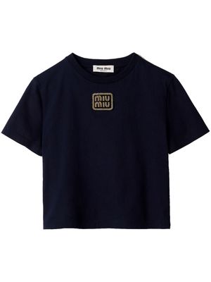 Miu Miu logo-appliqué cropped T-shirt - Blue