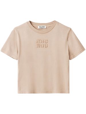 Miu Miu logo-embroidered cotton T-shirt - Neutrals