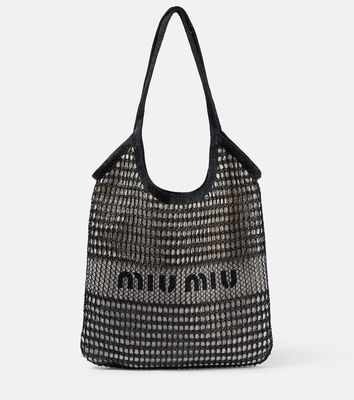 Miu Miu Logo leather-trimmed raffia tote bag