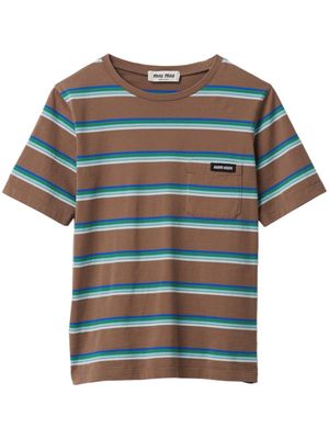 Miu Miu logo-patch striped T-shirt - Brown