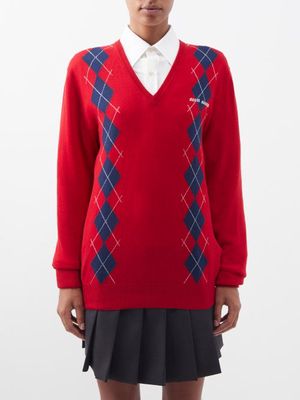 Miu Miu - Oversized Argyle V-neck Wool Sweater - Womens - Red