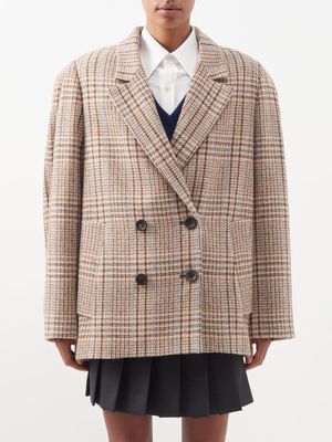 Miu Miu - Oversized Double-breasted Check Wool-tweed Jacket - Womens - Camel Check
