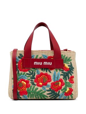 Miu Miu Pre-Owned floral-embroidered raffia tote bag - Brown