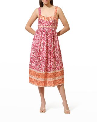 Mix-Print Viscose Linen Midi Dress