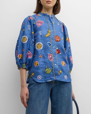 Mixed Emoji Embroidered Linen Shirt Jacket