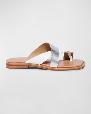 Mixed Leather Toe-Ring Slide Sandals