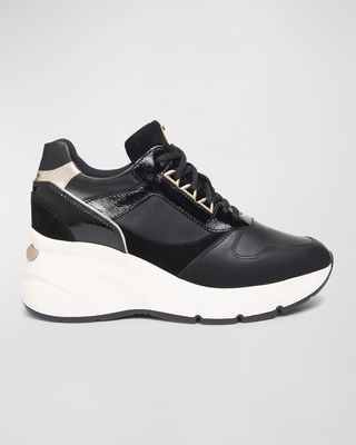 Mixed Leather Wedge Runner Sneakers