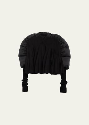 Mixed-Media Cropped Puffer-Sleeve Ruffle Jacket