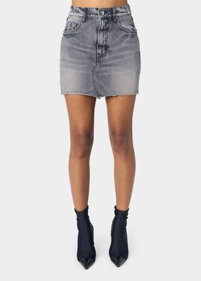Mixed-Media Denim Leather Mini Skirt