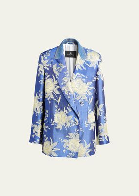 Mixed-Media Floral Print Double-Breasted Blazer