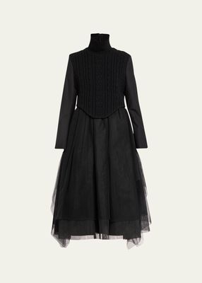 Mixed-Media Wool Fit-Flare Tulle Midi Apron Dress