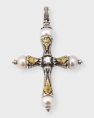 Mixed Metal White Sapphire Cross with Pearls