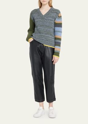 Mixed-Stripe V-Neck Sweater