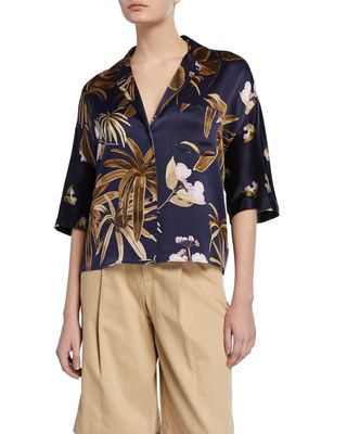 Mixed Tropical Garden Button-Front Satin PJ Shirt