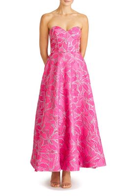 ML Monique Lhuillier Amelia Strapless Metallic Brocade Gown in Azalea Pink 