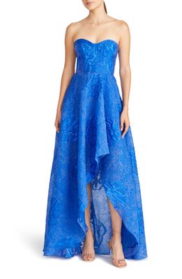 ML Monique Lhuillier Ayla Metallic Floral Jacquard Strapless High-Low Gown in Rich Blue