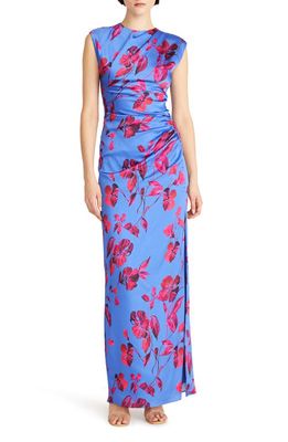 ML Monique Lhuillier Camila Ruched Floral Satin Gown in Crawling Rose