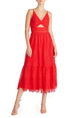 ML Monique Lhuillier Cutout Lace Midi Dress in Coral Red