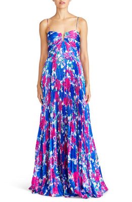 ML Monique Lhuillier Evelyn Floral Pleated Satin Gown in Hydrangea Gardens