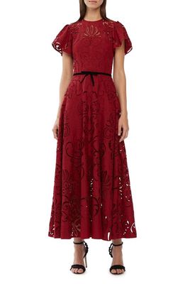 ML Monique Lhuillier Eyelet Embroidery Tea Length Dress in Merlot