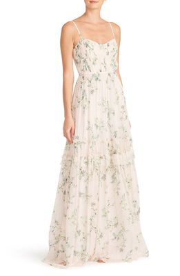 ML Monique Lhuillier Floral Chiffon Maxi Dress in Cherry Blossom Pink