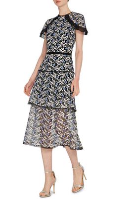 ML Monique Lhuillier Floral Embroidered Midi Dress in French Blue Multi