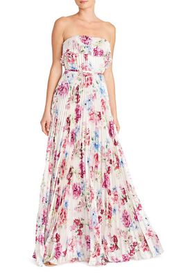 ML Monique Lhuillier Floral Pleated Satin Strapless Gown in Peony Dream