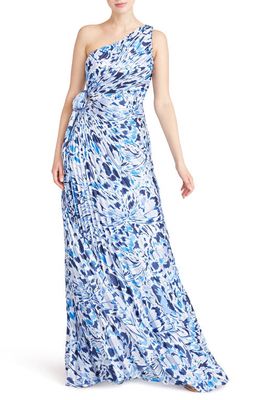 ML Monique Lhuillier Floral Print Pleated One-Shoulder Gown in Butterfly Painterly