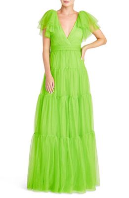 ML Monique Lhuillier Flutter Sleeve Tiered Tulle Gown in Halcyon Green