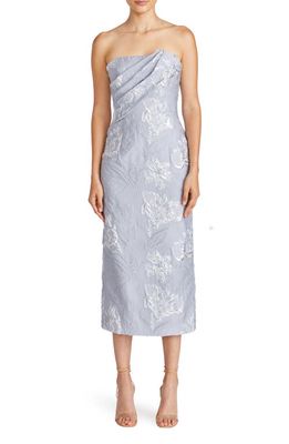 ML Monique Lhuillier Jacqueline Strapless Jacquard Midi Sheath Dress in Silver