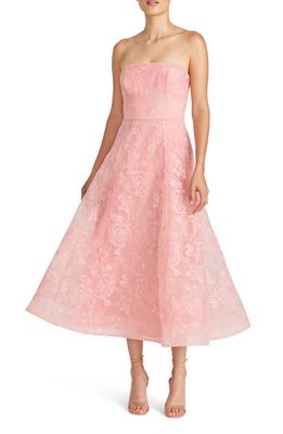 ML Monique Lhuillier Louisa Lace Strapless A-line Midi Cocktail Dress in Coral Rose