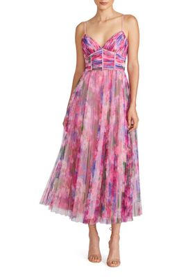 ML Monique Lhuillier Madison Floral Plissé Tulle Midi Cocktail Dress in Waterlily Floral