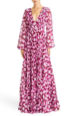 ML Monique Lhuillier Melanie Pleated Floral Long Sleeve Chiffon Gown in Floral Shadow