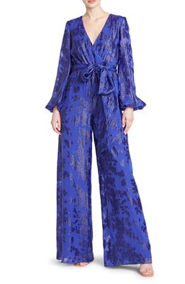 ML Monique Lhuillier Metallic Jacquard Long Sleeve Silk Blend Jumpsuit in Azurite