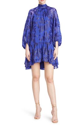 ML Monique Lhuillier Metallic Ruffle Long Sleeve High-Low Silk Blend Dress in Azurite