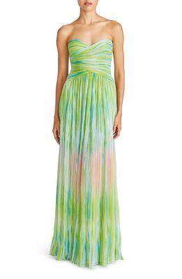 ML Monique Lhuillier Mila Pleated Print Strapless Chiffon Gown in Electric Stripe