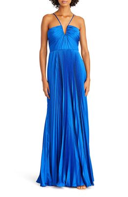 ML Monique Lhuillier Pleated Satin Gown in Mineral Blue